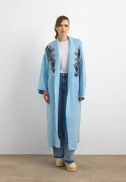 Uzun Çift Taraflı El İşlemeli Triko Hırka Bebe Mavisi