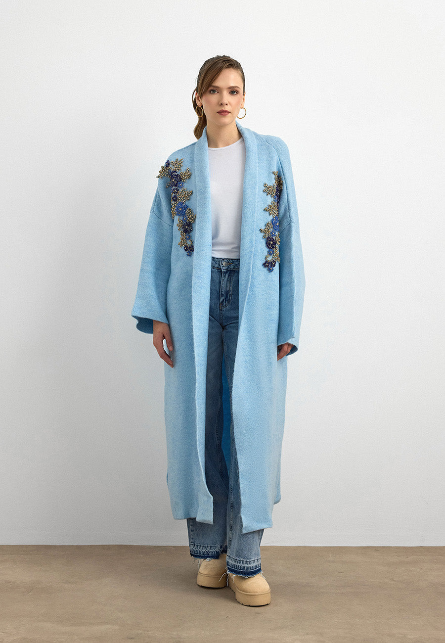 Uzun Çift Taraflı El İşlemeli Triko Hırka Bebe Mavisi