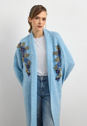 Uzun Çift Taraflı El İşlemeli Triko Hırka Bebe Mavisi