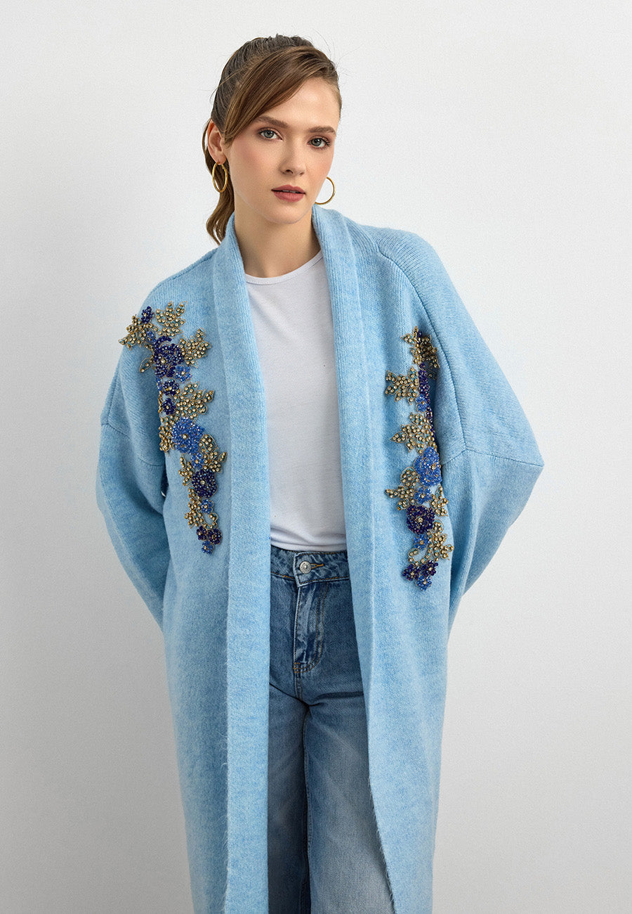 Uzun Çift Taraflı El İşlemeli Triko Hırka Bebe Mavisi