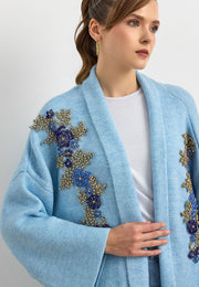 Uzun Çift Taraflı El İşlemeli Triko Hırka Bebe Mavisi