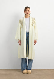 Uzun Çift Taraflı El İşlemeli Triko Hırka Beyaz