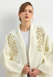 Uzun Çift Taraflı El İşlemeli Triko Hırka Beyaz