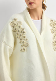 Uzun Çift Taraflı El İşlemeli Triko Hırka Beyaz