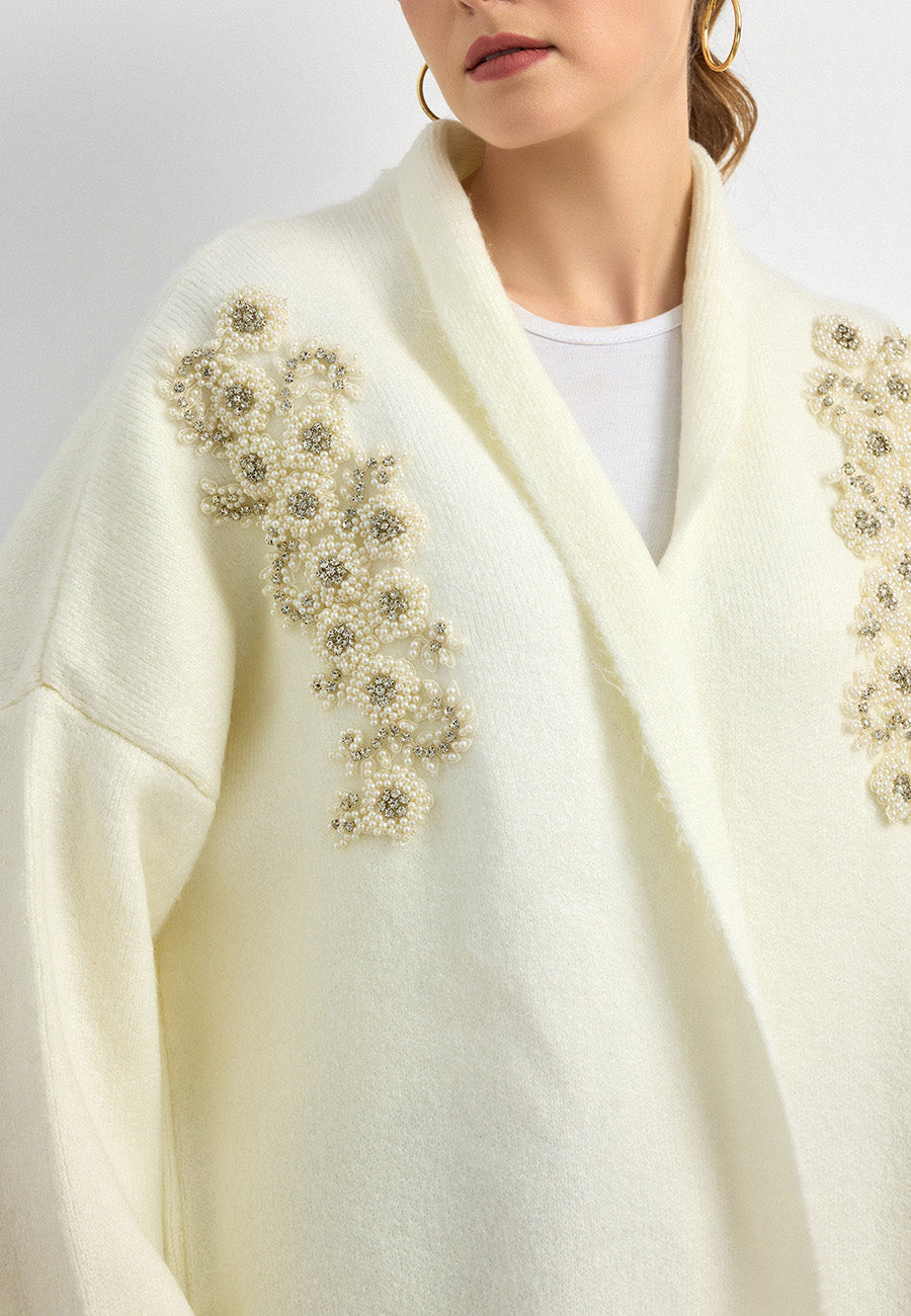 Uzun Çift Taraflı El İşlemeli Triko Hırka Beyaz