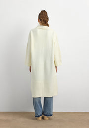 Uzun Çift Taraflı El İşlemeli Triko Hırka Beyaz