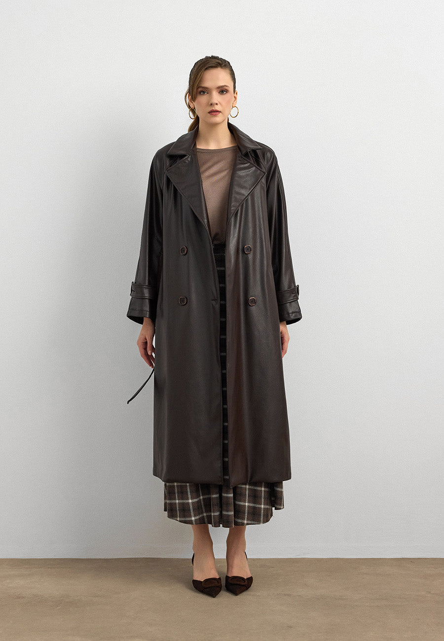 RS-Kuşaklı Deri Trenç Kahverengi