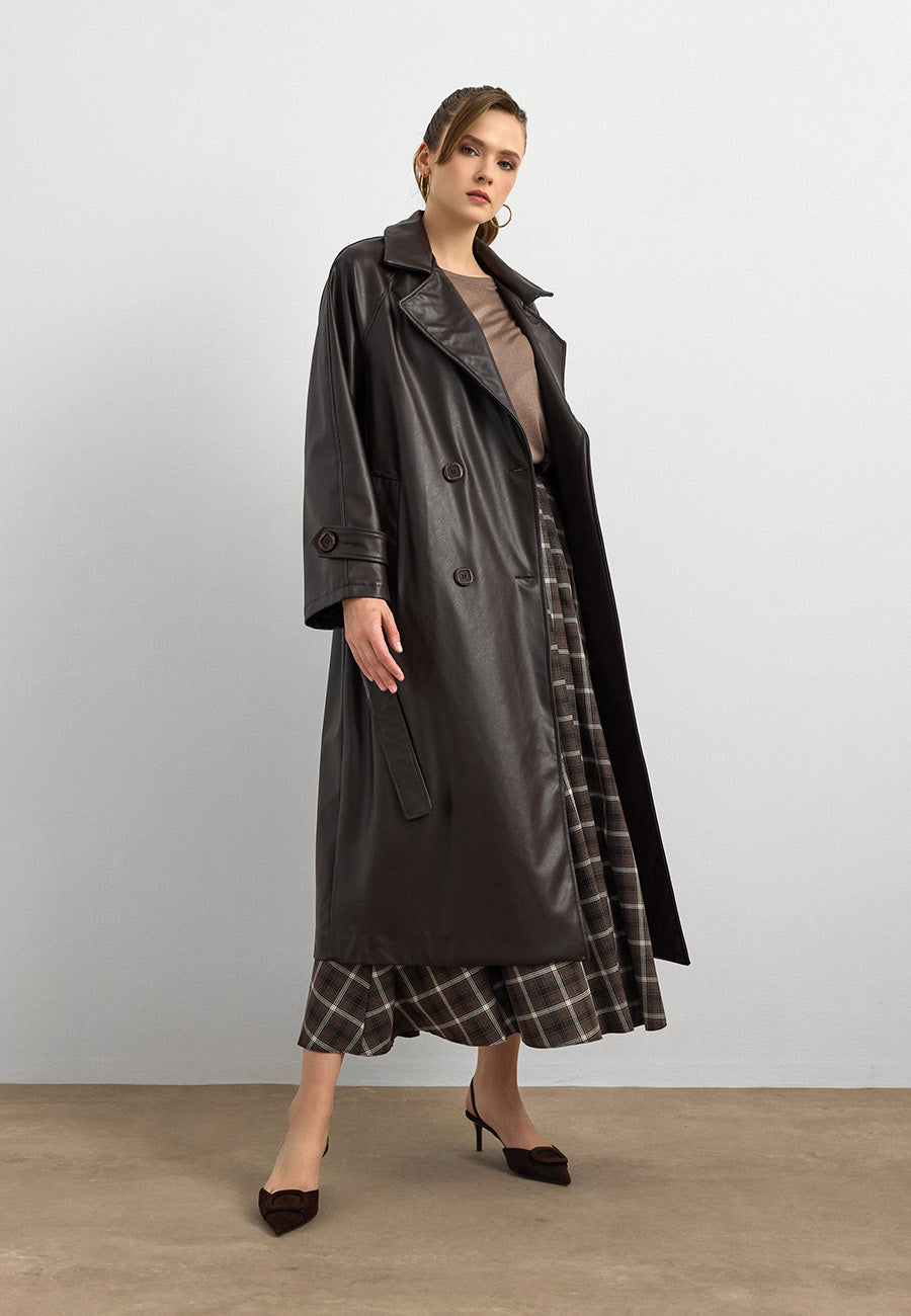 RS-Kuşaklı Deri Trenç Kahverengi