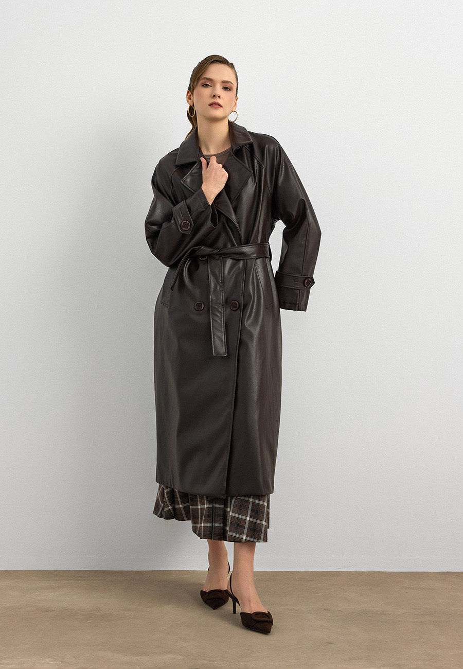 RS-Kuşaklı Deri Trenç Kahverengi