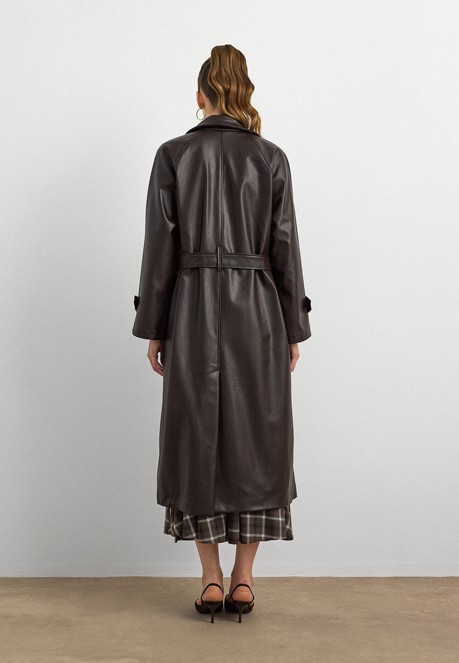 RS-Kuşaklı Deri Trenç Kahverengi