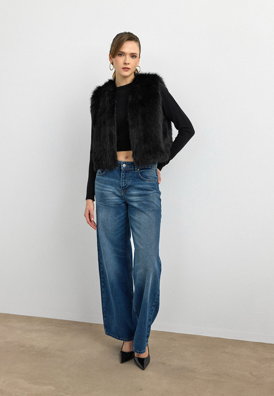 Düz Desen Kısa Kürk Yelek-Siyah