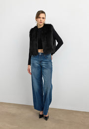 Düz Desen Kısa Kürk Yelek-Siyah