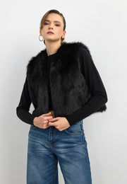 Düz Desen Kısa Kürk Yelek-Siyah