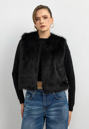 Düz Desen Kısa Kürk Yelek-Siyah