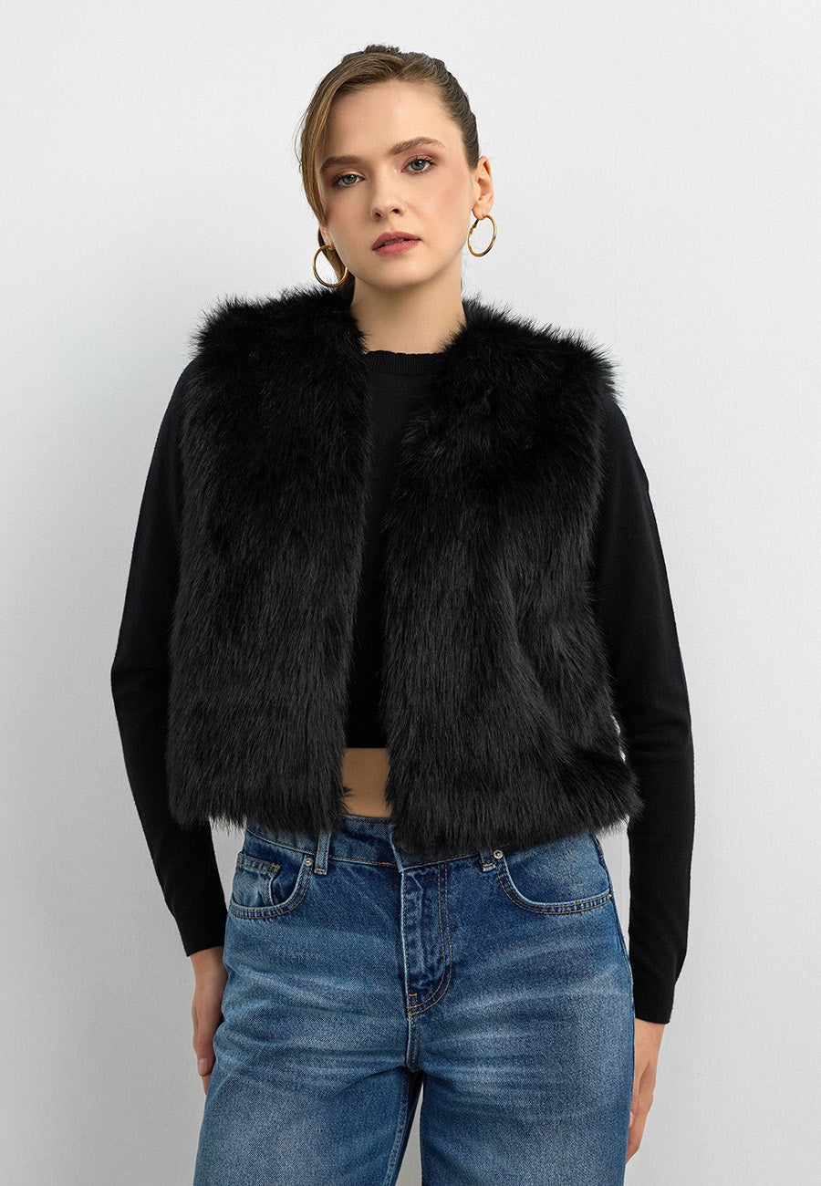 Düz Desen Kısa Kürk Yelek-Siyah