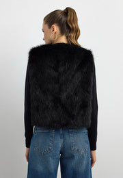 Düz Desen Kısa Kürk Yelek-Siyah
