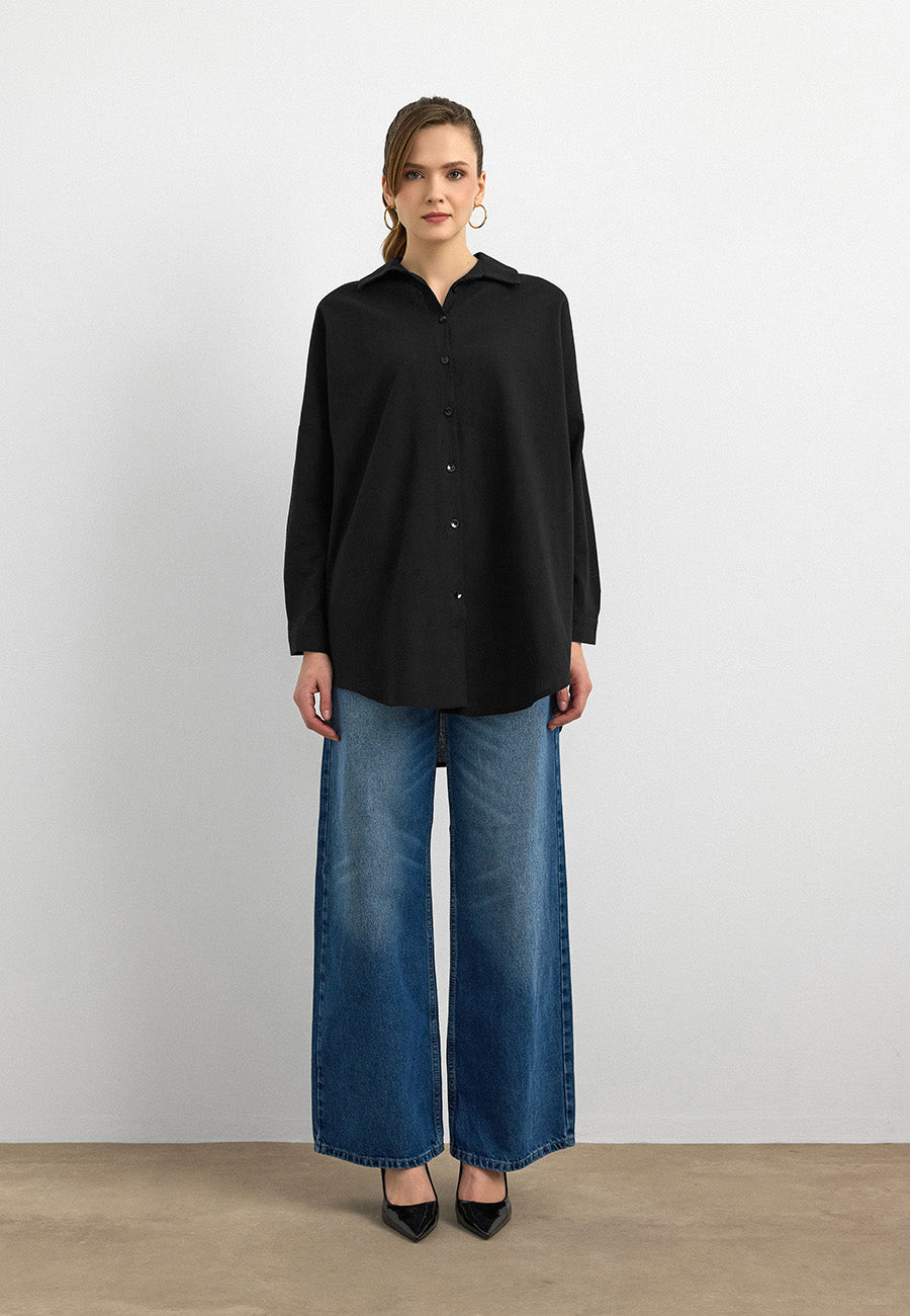 Keten Düğmeli Gömlek - Siyah