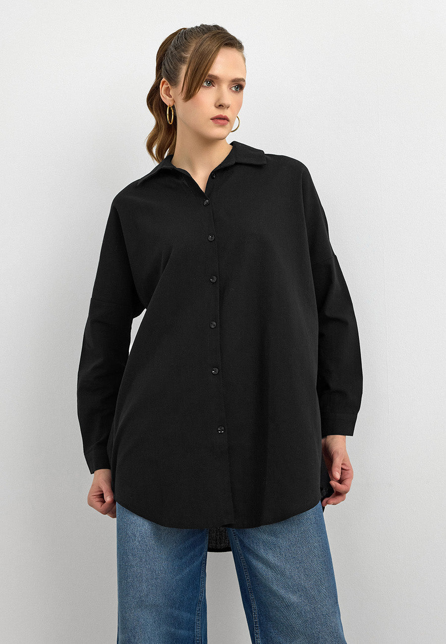 Keten Düğmeli Gömlek - Siyah