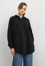 Keten Düğmeli Gömlek - Siyah