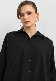 Keten Düğmeli Gömlek - Siyah