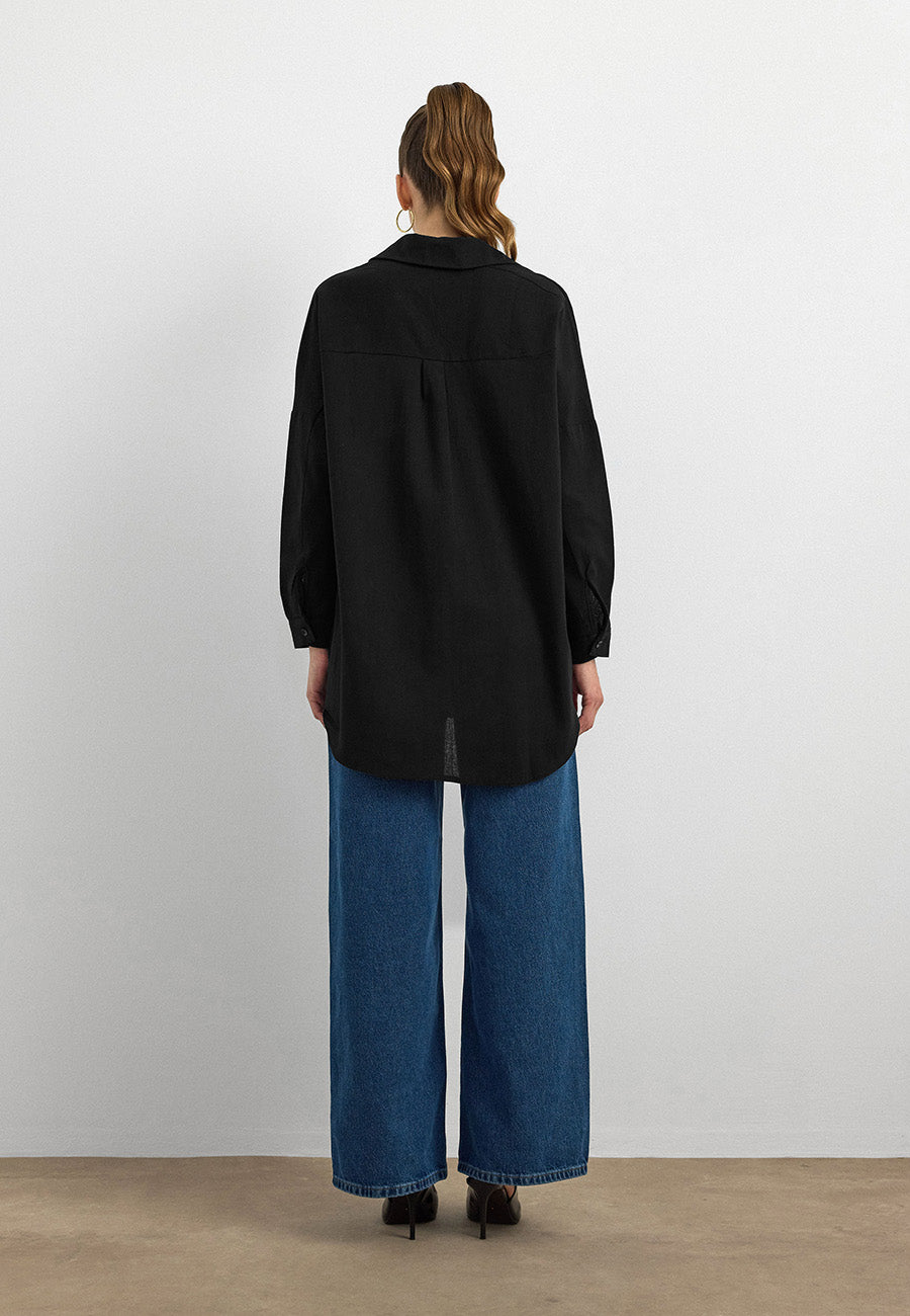 Keten Düğmeli Gömlek - Siyah