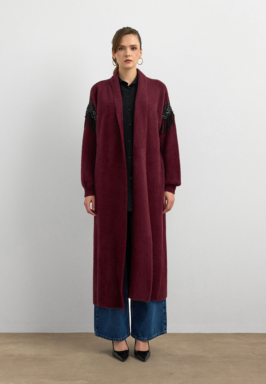 Omuz Taş İşlemeli Uzun Hırka Mürdüm