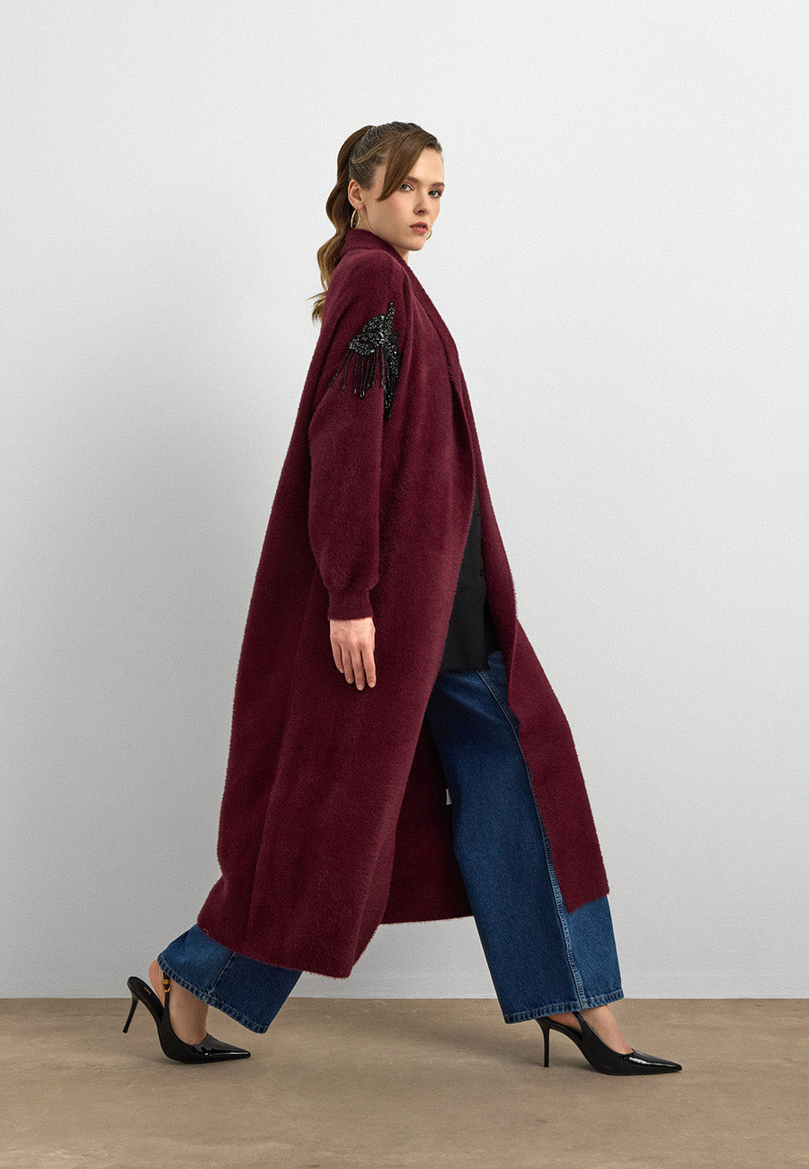 Omuz Taş İşlemeli Uzun Hırka Mürdüm