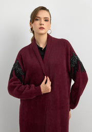 Omuz Taş İşlemeli Uzun Hırka Mürdüm