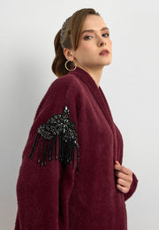 Omuz Taş İşlemeli Uzun Hırka Mürdüm