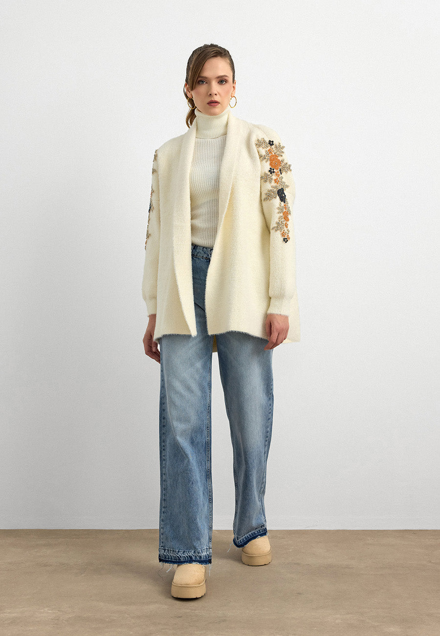 Premium Taş İşlemeli Hırka-Krem