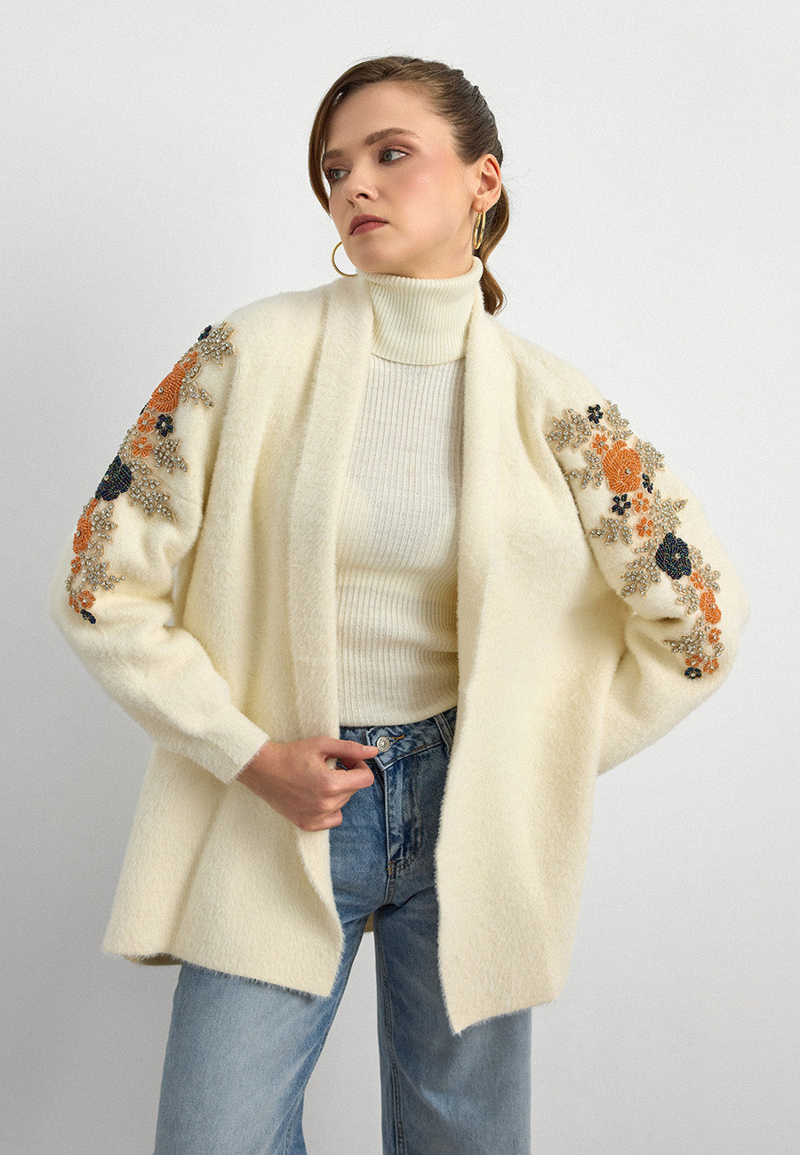 Premium Taş İşlemeli Hırka-Krem