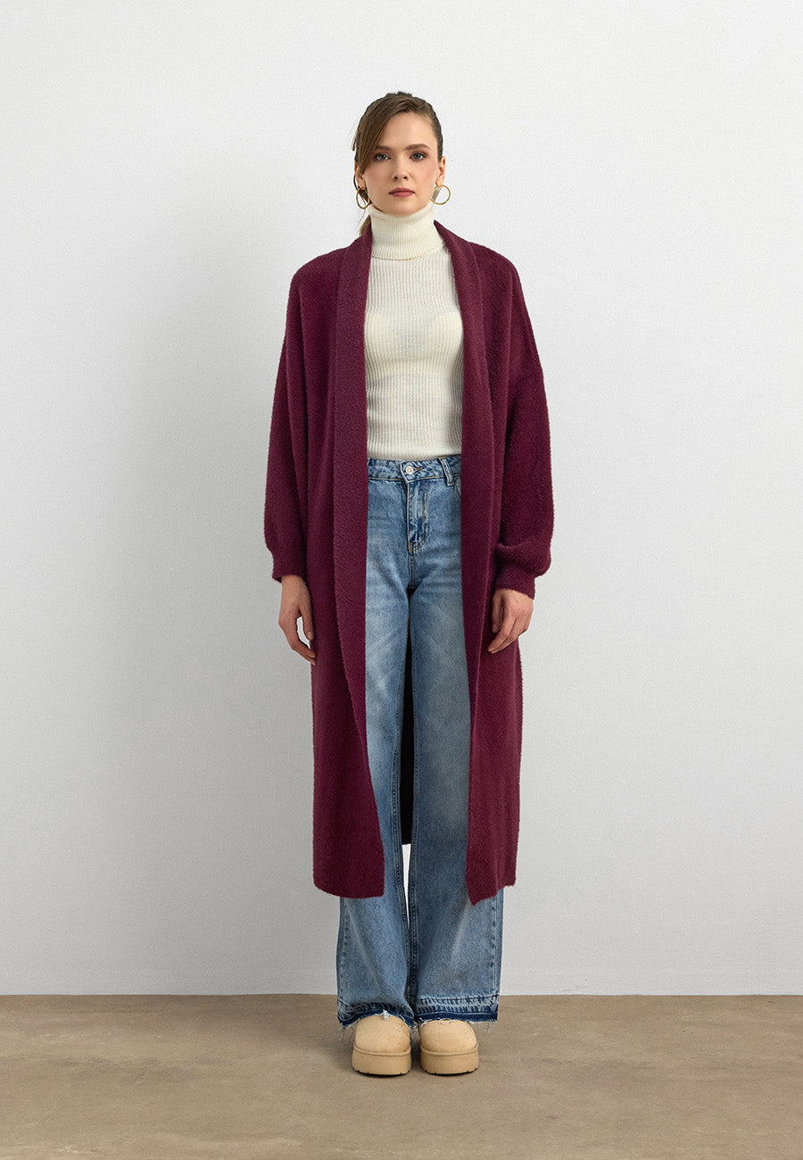 Sakal İplik Model Uzun Hırka Mürdüm