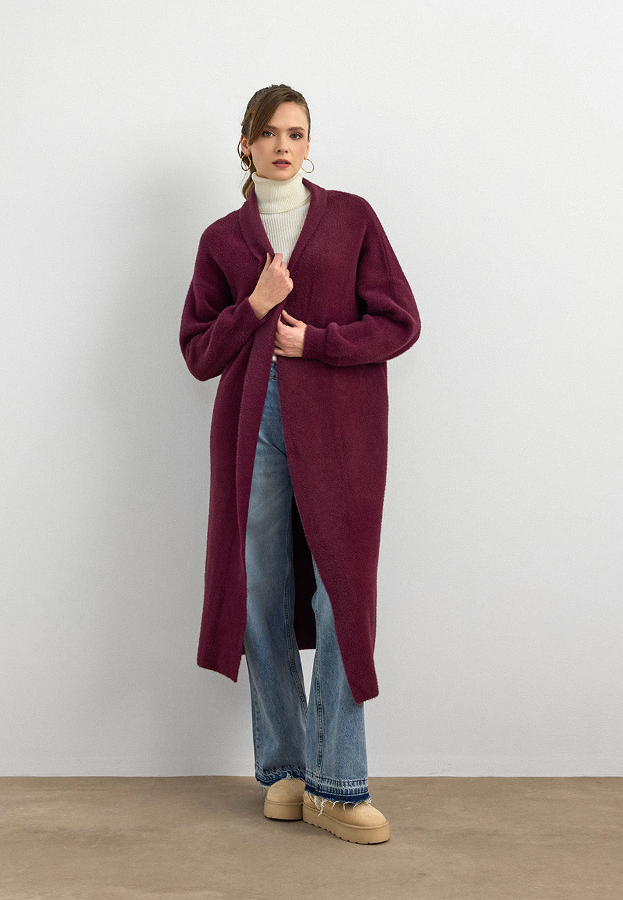 Sakal İplik Model Uzun Hırka Mürdüm