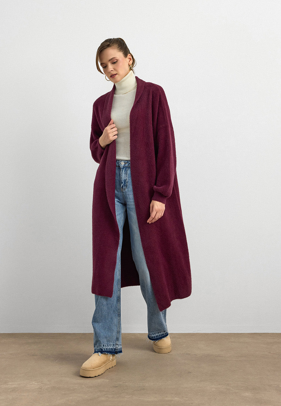 Sakal İplik Model Uzun Hırka Mürdüm