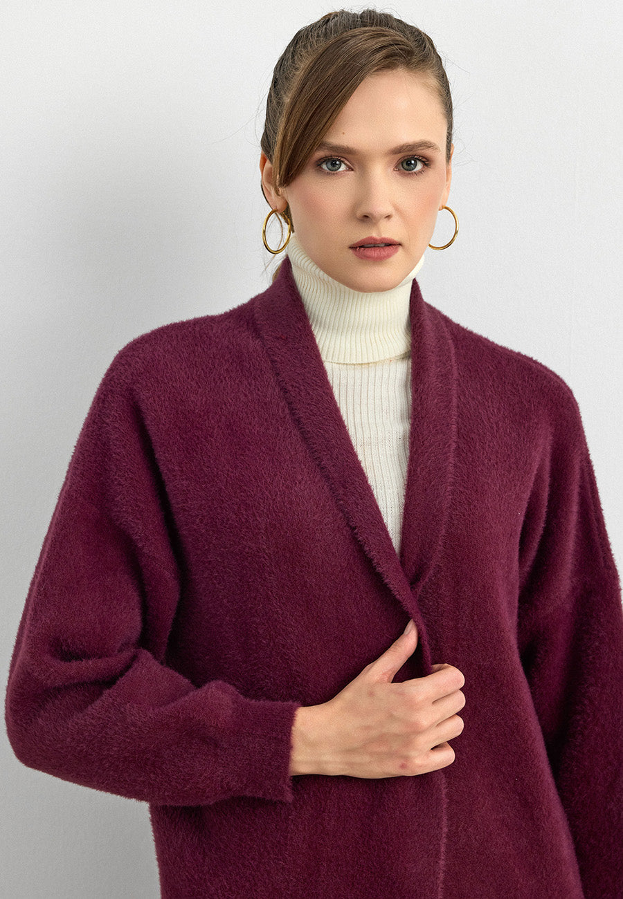 Sakal İplik Model Uzun Hırka Mürdüm