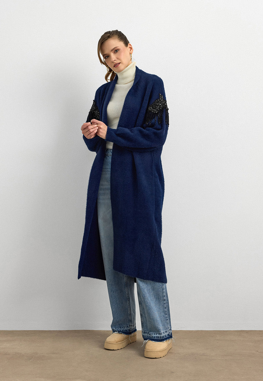 Omuz Taş İşlemeli Uzun Hırka Lacivert