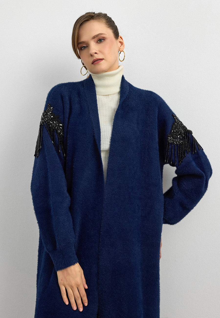 Omuz Taş İşlemeli Uzun Hırka Lacivert