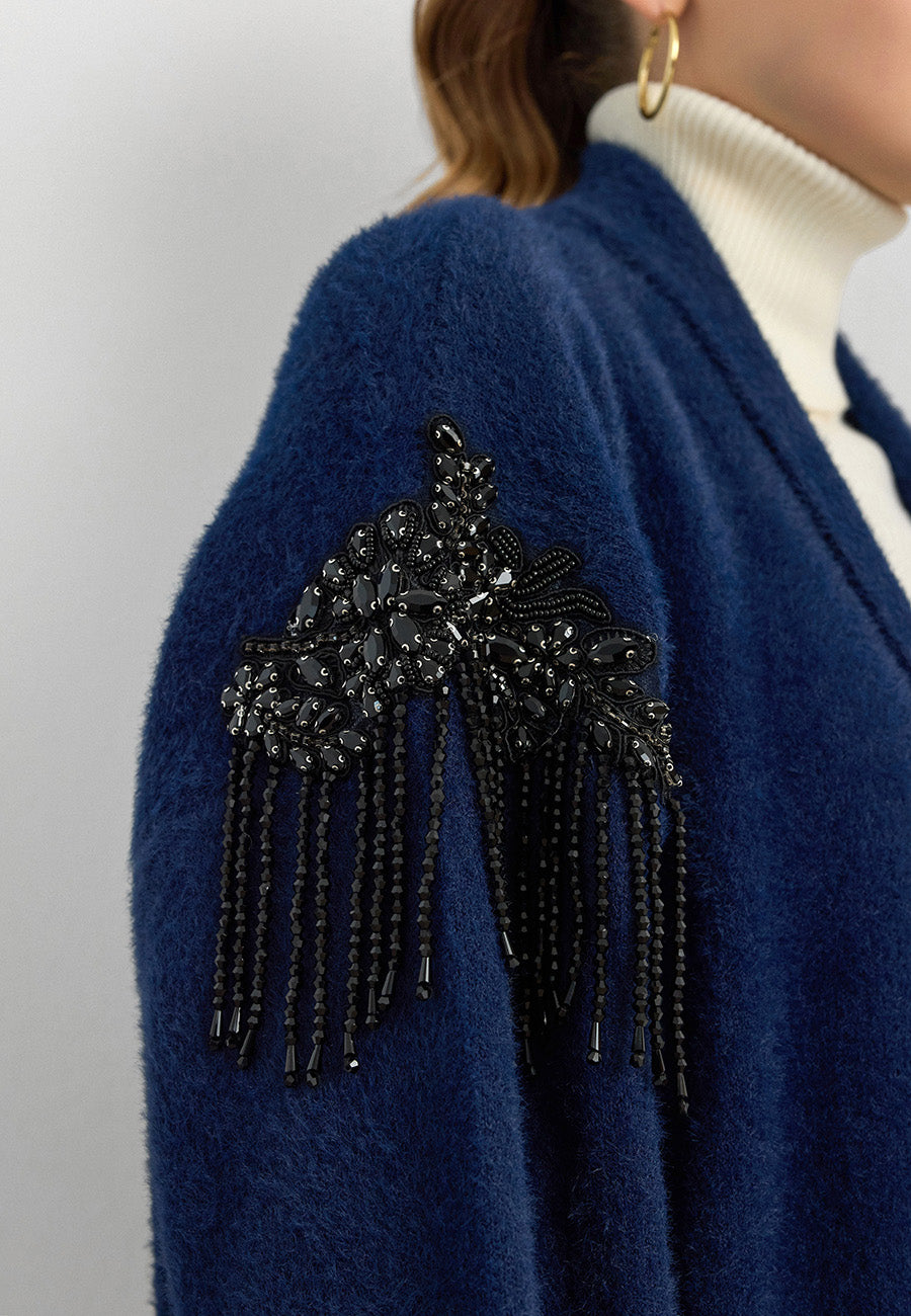 Omuz Taş İşlemeli Uzun Hırka Lacivert