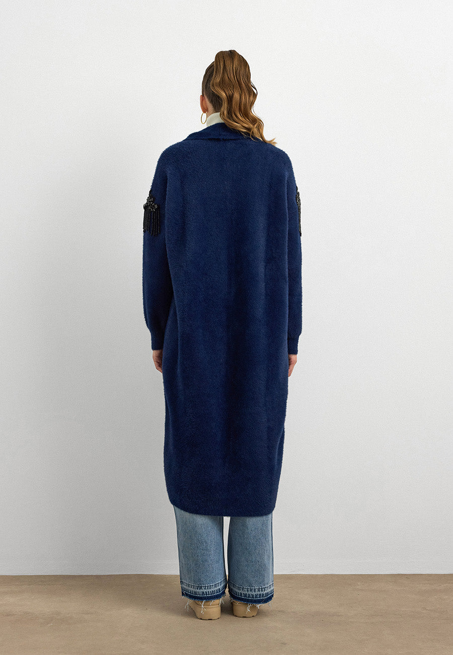 Omuz Taş İşlemeli Uzun Hırka Lacivert