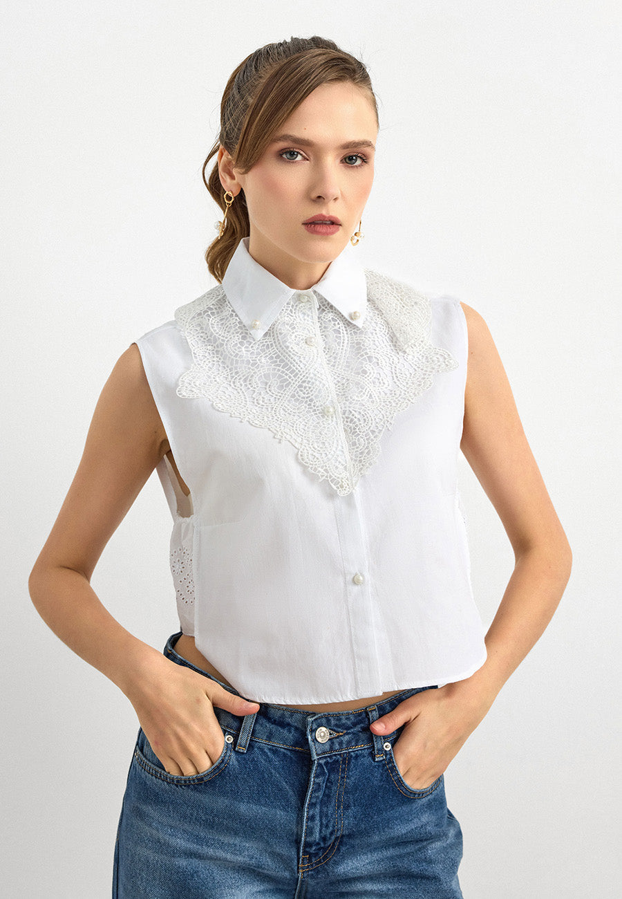 V-Güpür Detaylı İncili  Gömlek Yakalık