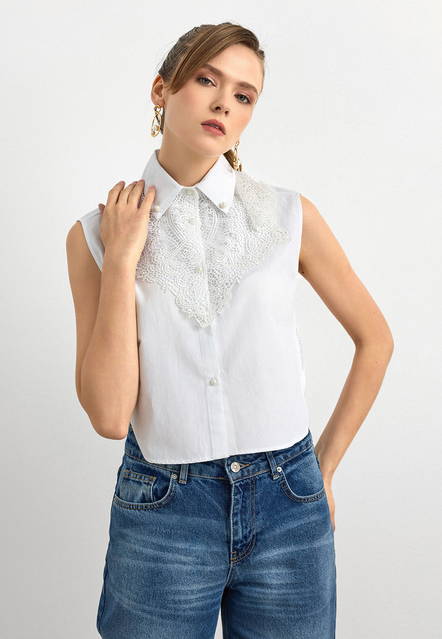 V-Güpür Detaylı İncili  Gömlek Yakalık