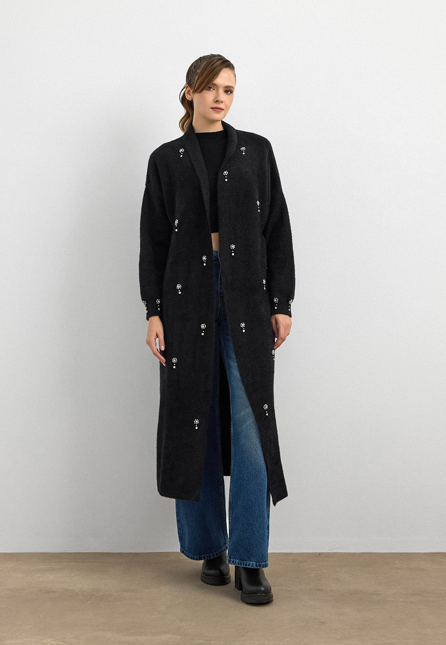 Damla Taşlı Uzun Hırka Siyah