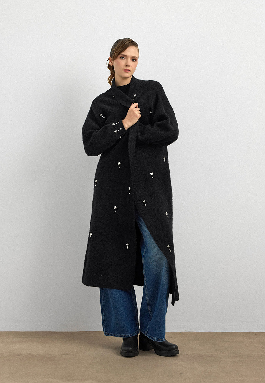 Damla Taşlı Uzun Hırka Siyah