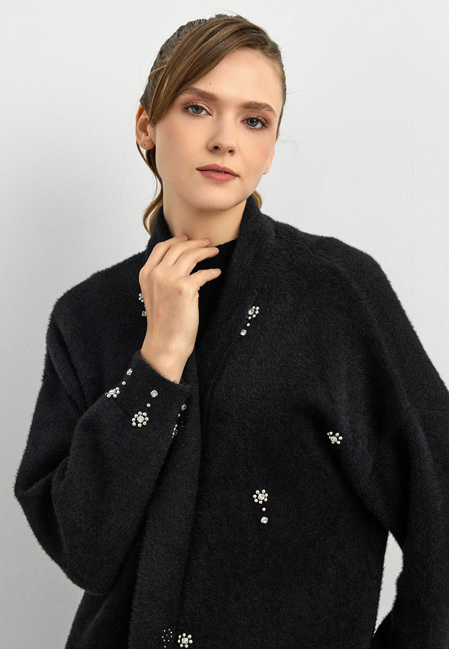 Damla Taşlı Uzun Hırka Siyah