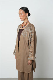 Boncuk İşlemeli Uzun Kimono - 38164 Toprak