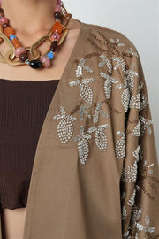 Boncuk İşlemeli Uzun Kimono - 38164 Toprak