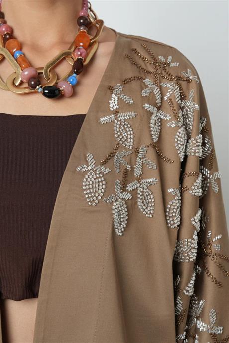 Boncuk İşlemeli Uzun Kimono - 38164 Toprak