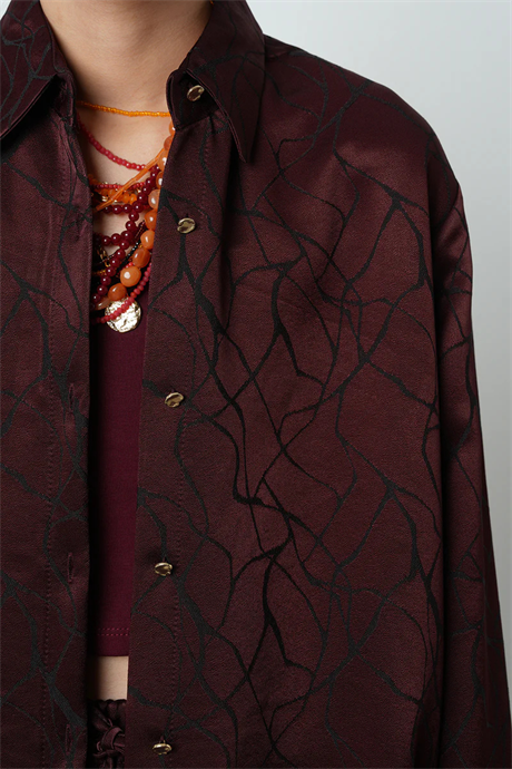 Bordo Desenli Oversize Gömlek - 34615