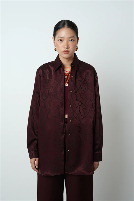 Bordo Desenli Oversize Gömlek - 34615