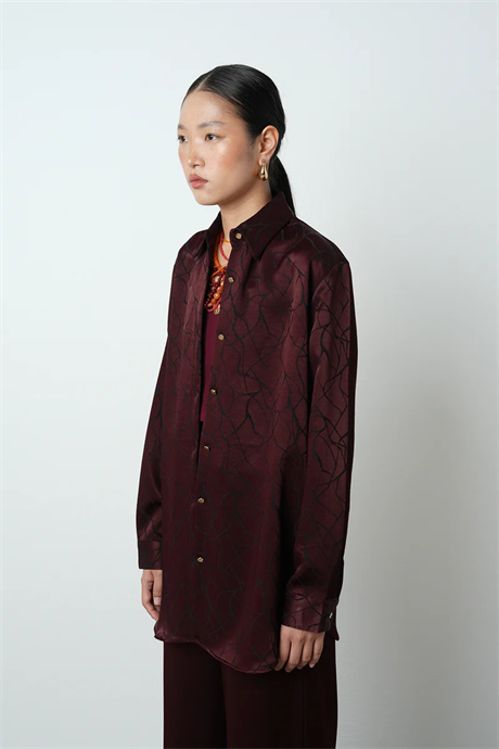 Bordo Desenli Oversize Gömlek - 34615
